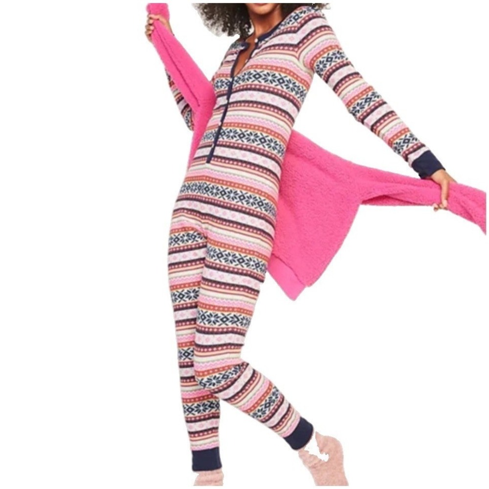 Old Navy Womens Pink Fair Isle Thermal Henley Pajama Union Suit One Piece Small